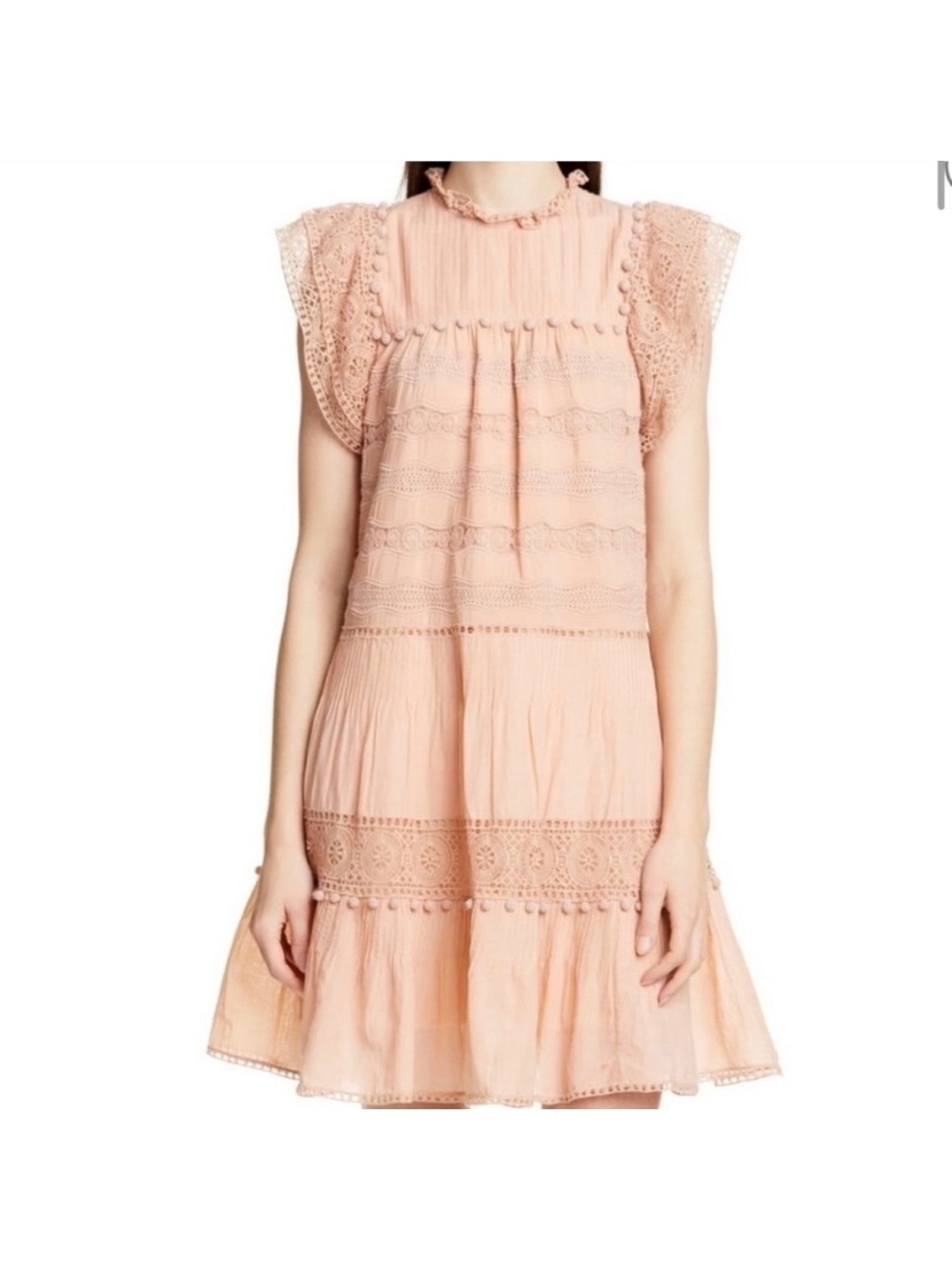Ulla Johnson Nora Crochet Trim Trapeze Dress Size 2 Pink Lace Flutter Sleeve